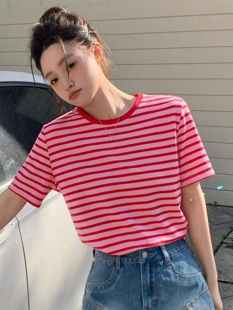 Camiseta de manga corta a rayas contrastantes, verano - Rojo - Ver 1