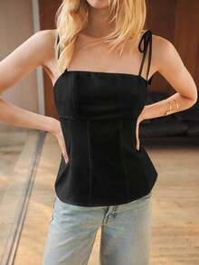 Camiseta sin mangas de verano para mujer, con un diseño de unicolor minimalista y cintura ceñida para una silueta favorecedora.Elegante pero sencilla, adecuada para ocasiones formales como conciertos y actuaciones, así como para un uso casual - Negro - Ver 6