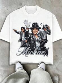 Michael Washed Vintage Crew Neck T-Shirt, 100% Cotton, 230g, Features 's Iconic Stage Silhouette With A Vintage, Distressed Finish. Suitable For Everyday Commuting, Street Style, Music Festivals, And Gatherings With Friends, It's An Ideal Choice For American Streetwear And Summer Wear. It Also Makes A Wonderful Easter Or Valentine's Day Gift For Your . - White - View 1