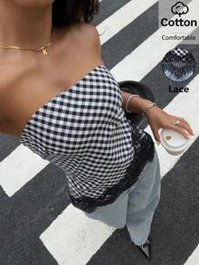 Top bandeau de satén mate con ribete de encaje, de moda casual de verano para playa y resort para mujer - Blanco y Negro - Ver 4