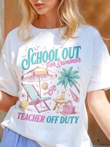 Last Day Of School Teacher Shirt, School's Out For Summer Tee, Teacher Summer Break Shirt. Women's Fashionable Casual T-Shirt With Creative Print, Short Sleeve, Round Neck, For Spring And Summer. Festive Celebration Shirt, Party Wear Top - 白色 - 查看 5