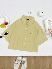 ElCamisa de manga corta holgada con bordado de mariposa a rayas azules para mujer, corta - Amarillo 2 - Ver 4