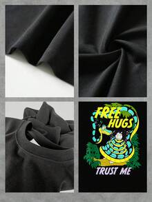 Gráfico de serpiente colorida abrazando a un gato con palabras divertidas que transmiten humor y confianza camiseta de mujer  cómoda y casual para uso diario - Negro - Ver 4