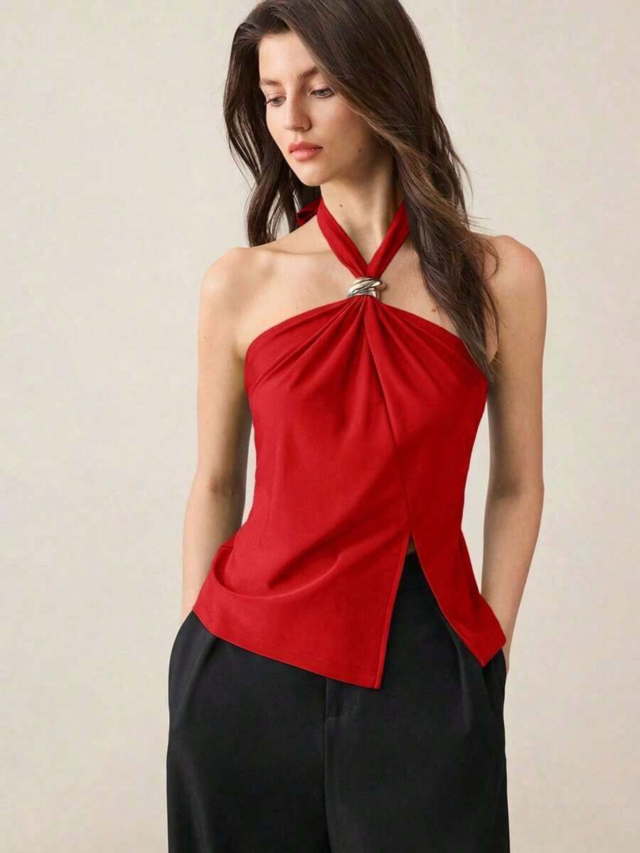 Top con cuello de halter, diseño de botón de metal verde, abertura lateral, elegante y chic para uso urbano y diario, estilo romántico retro de los 90.Adecuado para Navidad, Año Nuevo, San Valentín, fiestas, playa, graduación, moda, carnaval, bod - Rojo - Ver 1