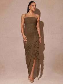 xheSilquee Elegante vestido verde salvia con mangas abullonadas románticas y abertura alta, vestido de fiesta ajustado con encaje para el Día de San Valentín, citas, invitados de boda, baile de graduaciónxhe - Marrón - Ver 3