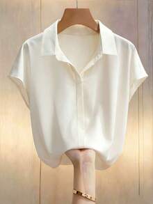 Blusa versátil y casual con mangas de murciélago, cuello en V y estampado de pañuelo, color beige, adecuada para primavera y verano - Caqui - Ver 4