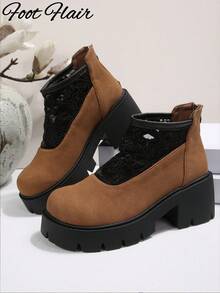 Sepatu Bot Wanita Model Bohemian Berbahan Jala Bernapas dengan Motif Renda, Ujung Bulat, Resleting Belakang, Warna Cokelat Vintage, Cocok untuk Aktivitas Luar Ruangan, Festival, dan Pemakaian Sehari-hari Sepanjang Musim, Modis, Serbaguna, Menambah Tinggi Badan, Motif Acak - Coklat - View 8