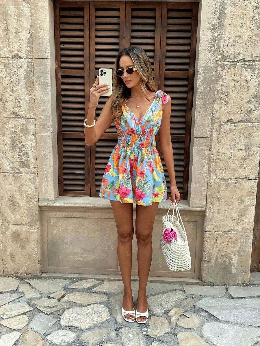 Mono sin mangas con estampado floral, nudo en el hombro y lazo en la cintura para mujer - Azul - Ver 1