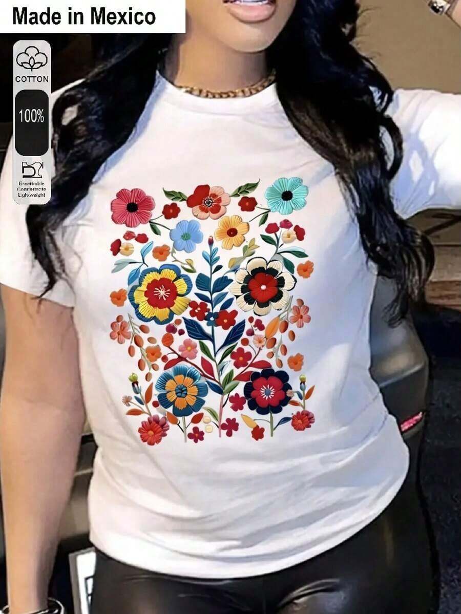 Plus Size Printed T-Shirt For Women, Modern And Realistic Style, Black T-Shirt With A Decorative Pink Bow On The Back, Round Neck T-Shirt For Women, 180 Grams 100% Pure Cotton, Cool And Comfortable, Suitable For Everyday Life, Sports, Gym, Travel, Gifts, Summer Vacation, Mexican Independence Day. - 白色 - 查看 1