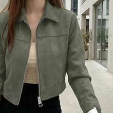 Chaqueta de mujer de unicolor con cuello vuelto y cremallera, de manga larga, adecuada para uso diario, escuela y aeropuerto, primavera/otoño, color negro - Verde - Ver 5