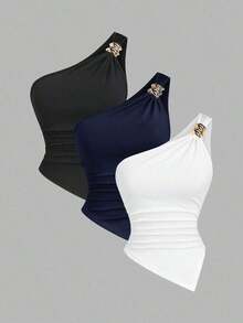 Blusa de unicolor minimalista con cuello asimétrico y hebilla de metal para mujer - Multicolor 11 - Ver 1
