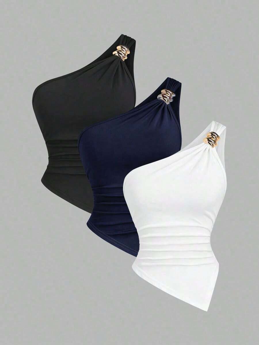 Blusa de unicolor minimalista con cuello asimétrico y hebilla de metal para mujer - Multicolor 11 - Ver 1