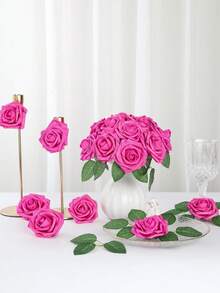 50 flores + 2 hojas Rosas artificiales de espuma blanca con tallos, aspecto realista para ramos de boda DIY, centros de mesa para despedida de soltera, arreglos florales, decoraciones de mesa para fiestas, decoración del hogar, regalos, cumpleaños, graduaciones, etc. - Rosa Fucsia - Ver 6
