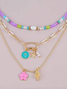 Bộ 3 mặt dây chuyền hình vỏ sò, sao biển, cây dừa, hoa và ngọc trai giả phong cách Bohemian, dây chuyền nhiều lớp đính hạt pha lê nhân tạo, thích hợp cho nữ giới đeo hàng ngày, hẹn hò, dự tiệc và đi nghỉ hè. - Nhiều màu - Xem 4