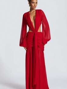 Vestido largo de gasa manga larga espalda descubierta color liso elegante - Rojo - Ver 1
