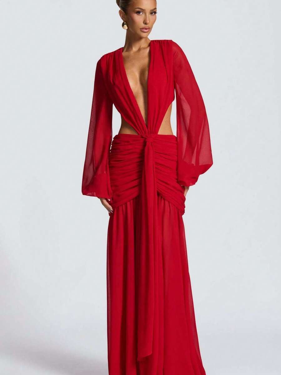Vestido largo de gasa manga larga espalda descubierta color liso elegante - Rojo - Ver 1