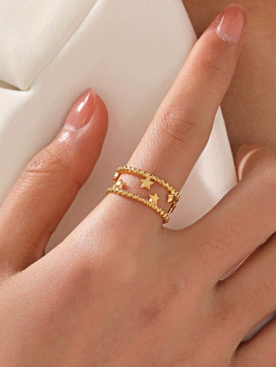 1pc Stainless Steel 18K Gold Plated Minimalist Star Open Ring, Suitable For Women's Daily, Outing, Party Wear - Gold - View 1