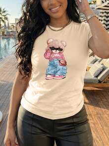 Women's Oversized Brown T-Shirt With  Bear Print. Loose-Fitting Round Neck T-Shirt With A Pink Bear Wearing Glasses Design. Casual Short-Sleeved T-Shirt With A  Bear, Chic And Youthful Style. - YH484-杏色 - 查看 1