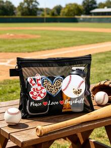 1个棒球印花网眼化妆包，运动风，学生必备，和平与爱主题印花设计，卡通趣味多功能化妆包，时尚便携化妆包，可装口红和气垫粉扑，透明旅行洗漱包，夏威夷风网眼包，海滩度假必备，旅行必备物品 - 彩色 - 查看 3