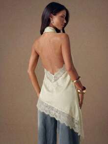 Satin Top With Elegant Lace Patches, Backless, Sexy Halter Neck Sleeveless Blouse For Parties, Cocktails, Formal Occasions, Christmas And Business Casual - 杏 - 查看 5