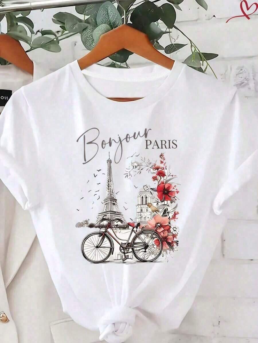 Camiseta Casual de Manga Corta para Mujer, Mezcla de Algodón, con Estampado de Coche 'Chasing The Horizon', Cuello Redondo, Largo Regular - Estilo_bj - Ver 1