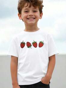 Camiseta de Cuello Redondo 100% Algodón con Estampado de Fresas para Jóvenes, Camiseta Blanca con Estampado de Fresas, Largo Regular, Camisetas con Estampado de Frutas, Ropa Suave y Transpirable para Niñas/Niños, Material Suave, Diseño Divertido, Ajuste Cómodo, Moda. 3T-13T - Negro - Ver 3