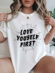 Camiseta Casual de Moda para Mujer con Estampado de Telaraña "Vintage Love Yourself First", Adecuada para Todas las Temporadas  
 -WhiteFashion - Blanco - Ver 7