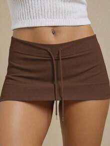 Minifalda de mujer con cintura baja y cordón, para verano - Marrón - Ver 6