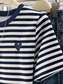 Camiseta de cuello redondo de color liso con detalles de lazo de pedrería de estilo minimalista - Multicolor 3 - Ver 3