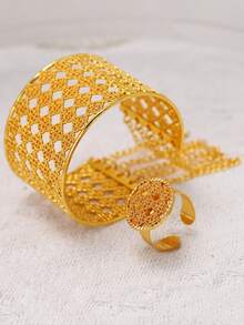 2pcs 18K Gold Plated Alloy Bracelet & Ring Set, Fashion Jewelry Suit For Wedding, Party - Yellow Gold - View 17