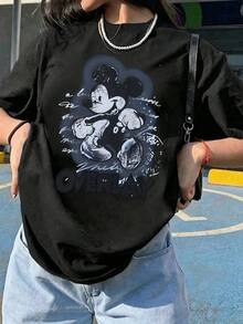 Unisex Disney Dark Sketch Mickey Tee, Vintage Print, Casual Fit, Cool Urban Style. - 黑色 - 查看 2