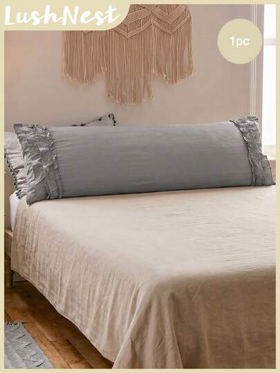 1pc Solid Grey With Double Ruffle Long Pillow Cover Made Of Soft And Comfortable Polyester Fabric. It Is Suitable For Bedrooms And Living Rooms, A Must-Have Household Item For All Seasons, Simple Decoration, A Necessary Household Item, And Is Suitable For Use In Spring And Summer.