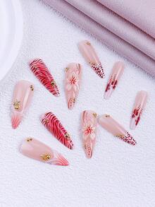 24Pcs/Set Long Point Press On Nails, Classic Nude, Red And White Color With French Edges, 3D Floral Gel Nail Art, Leopard Print French Manicure With Gold Bead Embellishments, Zebra Print, Polka Dot And Floral Patterns On The False Nail Tips. Glossy Elegant Artificial Nail Tips For Women Girls, Spring Summer Wedding Office Daily Wear, Reusable With Tool Kit, Great Gift For Ladies Nail Supplies - Multicolor - View 3