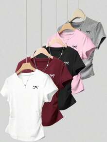 Set de 5 camisetas de manga corta con cintura ajustada y lazo estampado, de estilo casual y versátil, adecuado para el verano - Multicolor 4 - Ver 1
