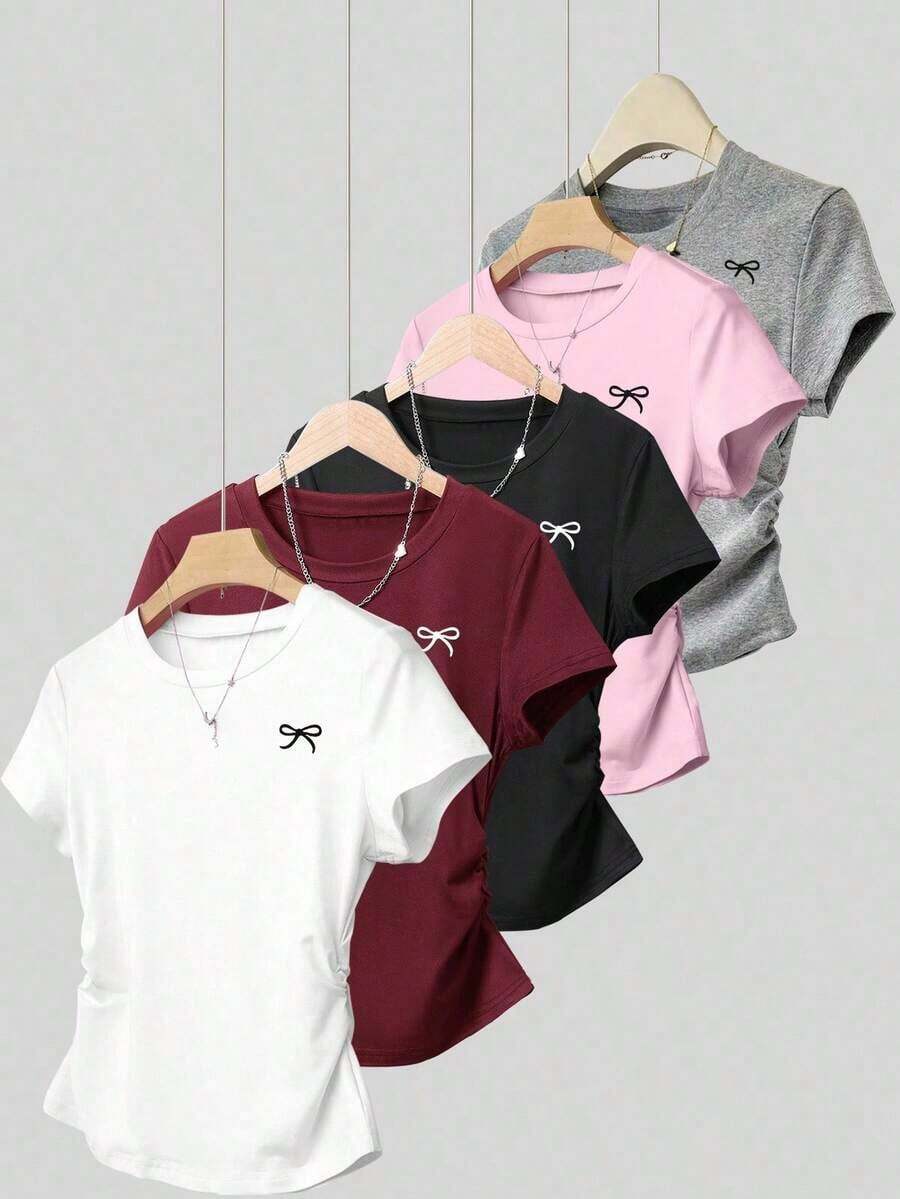 Set de 5 camisetas de manga corta con cintura ajustada y lazo estampado, de estilo casual y versátil, adecuado para el verano - Multicolor 4 - Ver 1