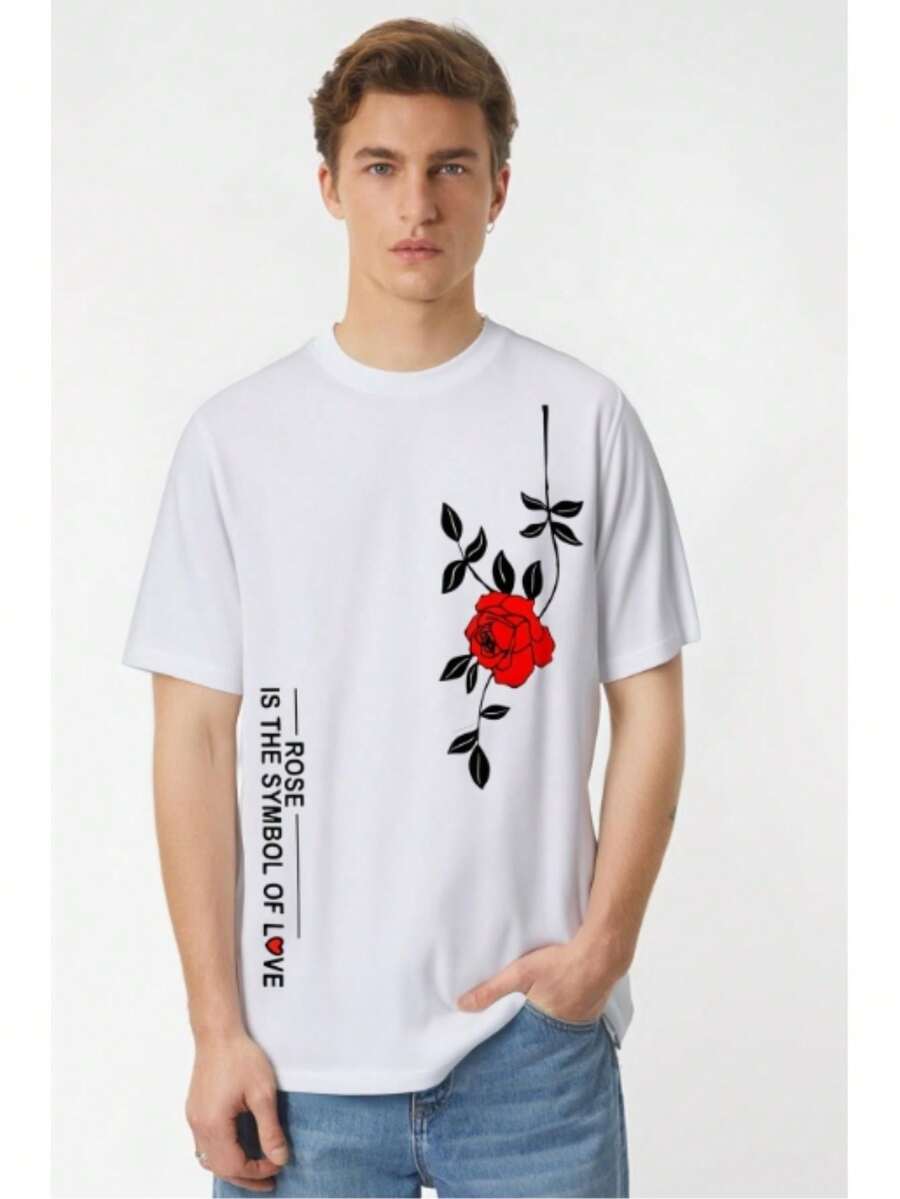 Rose Print Tee Shirt, Tees For Men, Casual Short Sleeve T-Shirt For Summer - 白色 - 查看 1