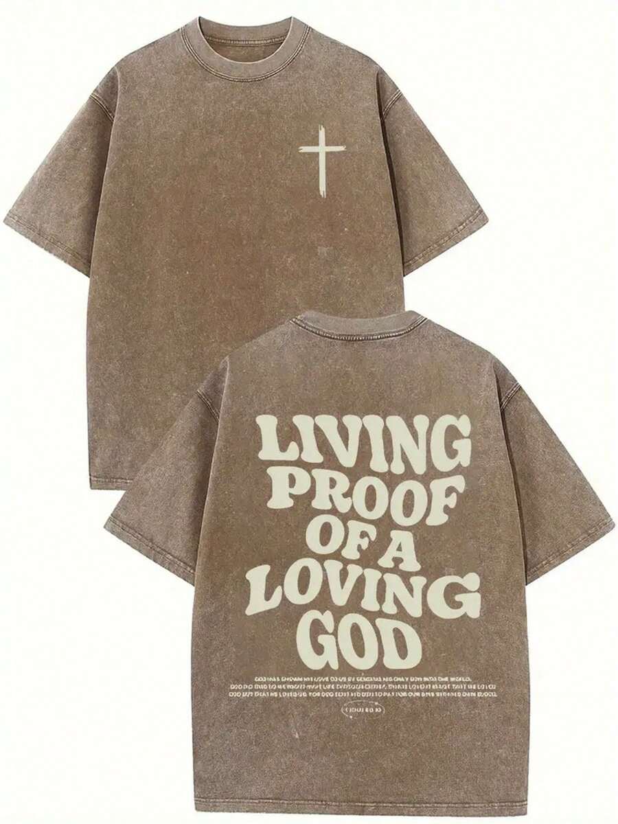 1 Vintage Washed Cotton T-Shirt With The Inspirational Print "A Living Proof Of Love For God", Unisex Streetwear, Gray With White Lettering, Crew Neck, Comfortable For All Seasons, A Perfect Gift For Men Or Women. - 咖啡色 - 查看 1
