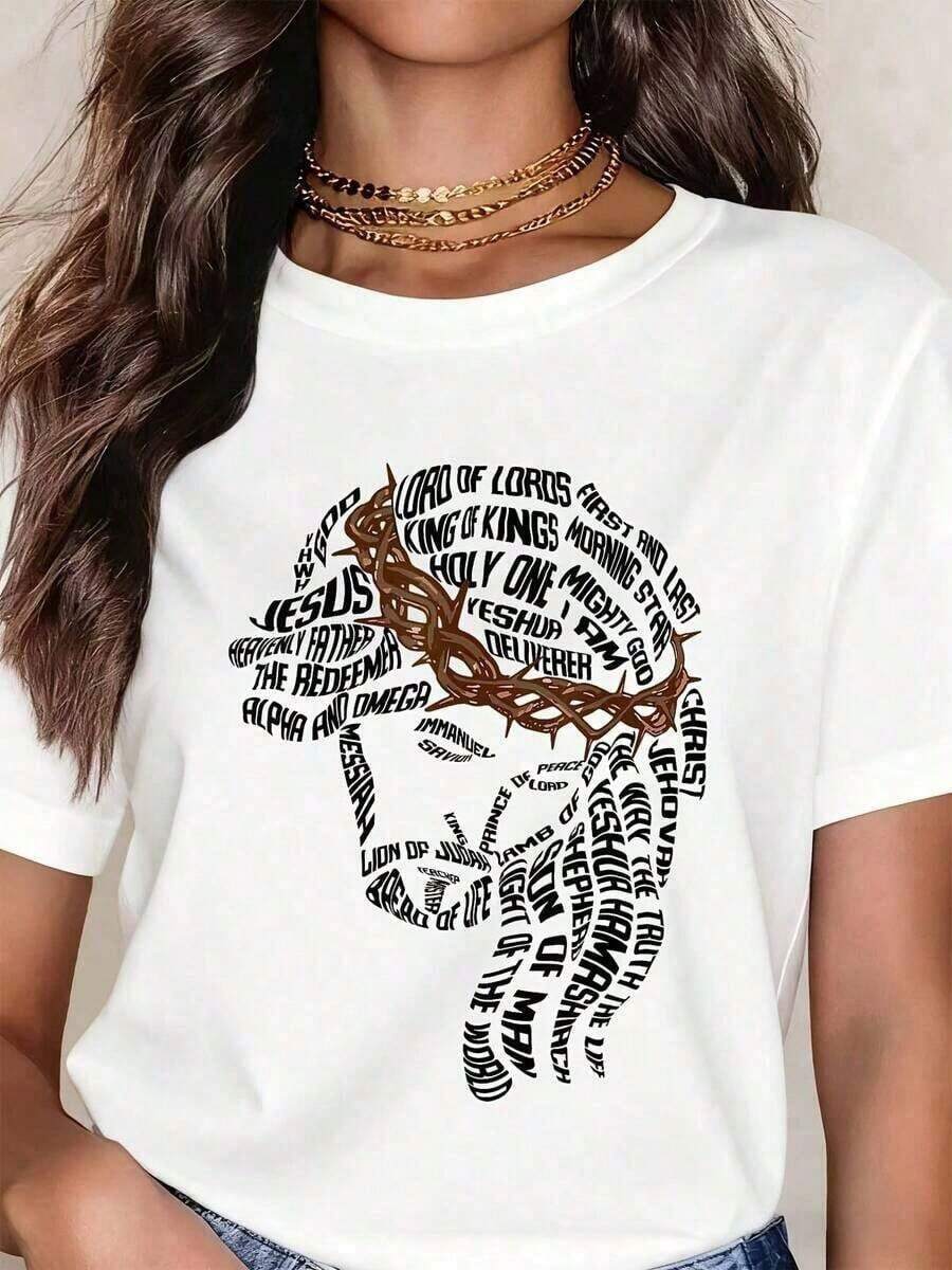 SummerCamiseta Blanca con Estampado de la Corona de Espinas de Jesús y Texto Religioso, Declaración de Fe Cristiana, para Uso en la Iglesia y Uso Diario | Fe cristiana | Versículos bíblicos/Huellas de Jesús | Algodón puro, suave y transpirable | Para uso diario/En la iglesia | Preferida por los creyentes y como regalo. Camiseta de manga corta para mujer, estilo básico para uso interior y exterior. - Blanco - Ver 1