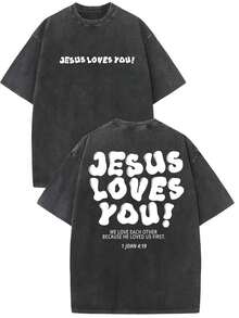 1 Premium Christian T-Shirt - Jesus Loves You! Religious Theme, Black With White Lettering - Casual Style Church Wear For All Seasons, Machine Washable, Faith Gift, Adult Church T-Shirt, Clothing For Religious Activities, Printed T-Shirt, Vintage Wash Effect, High Quality Cotton, Spiritual Clothing, Vintage Fashion, Printed T-Shirt, Faith Community, Basic T-Shirt For Autumn And Winter - Unisex Short Sleeve Crew Neck Loose Fit Cotton Urban Vintage Style T-Shirt. - 黑色 - 查看 1