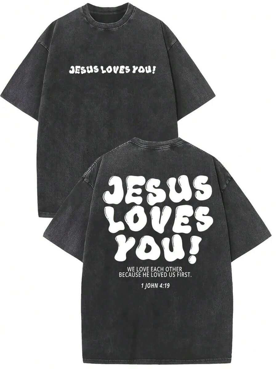 1 Premium Christian T-Shirt - Jesus Loves You! Religious Theme, Black With White Lettering - Casual Style Church Wear For All Seasons, Machine Washable, Faith Gift, Adult Church T-Shirt, Clothing For Religious Activities, Printed T-Shirt, Vintage Wash Effect, High Quality Cotton, Spiritual Clothing, Vintage Fashion, Printed T-Shirt, Faith Community, Basic T-Shirt For Autumn And Winter - Unisex Short Sleeve Crew Neck Loose Fit Cotton Urban Vintage Style T-Shirt. - 黑色 - 查看 1