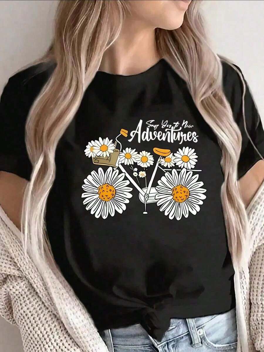 Camiseta de manga corta de poliéster negro con estampado de margaritas y cócteles, ropa casual para aventuras al aire libre, diseño ligero y duradero, para fiestas y uso diario, camiseta de algodón puro de alta calidad de 220g con estampado minimalista, tela suave y transpirable, cómoda y holgada, adecuada para uso diario, ideal para ropa casual de oficina, apariencia diaria de primavera y verano, diseño elegante y juvenil, ropa de hombre. - Negro - Ver 1