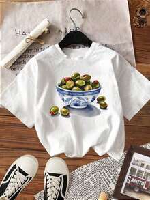 Summer Tops For Women, Fruit Pattern Vintage Round Neck Casual T-Shirt Made Of Cotton - White - View 3