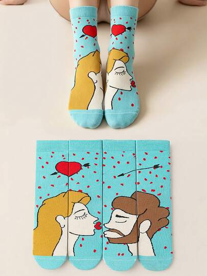 2 Pairs Couple Crew Socks, Creative Casual Women's Socks, Women's Kissing Couple Crew Socks, Cute Heart Design Women's Crew Socks, Men's European And American Street Style Socks
