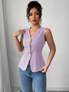 Blusa exterior con cuello en V ajustada con decoración de botones dorados con rosas - Morado - Ver 8