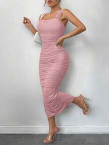 Vestido negro ajustado de malla con volantes y abertura en el bajo, con tirantes - Rosa vieja - Ver 3