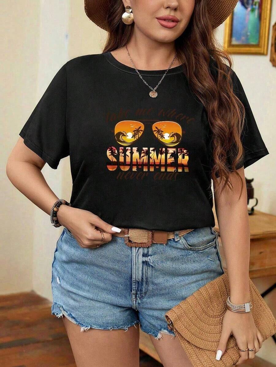 Camiseta de manga corta con cuello redondo para mujer de talla grande, ideal para el verano, con un ajuste holgado y un nuevo estampado que dice 'Bingo afortunado'.Esta camiseta casual de talla grande está diseñada para mujeres con curvas. - Negro - Ver 1