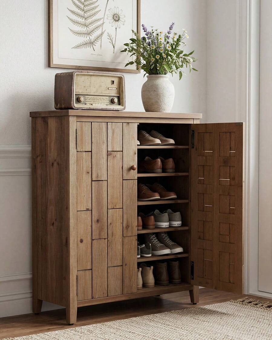 LITTLE TREE Wooden Shoe Cabinet With Doors, 6-Tier Shoes Rack With Adjustable Shelves, 43.3" Tall Storage Cabinet With Open Top Shelf, 24 Pairs Shoe Organizer For Entryway, Hallway, Bedroom (Brown) - 查看 1