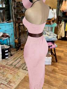 Vestido de mujer de moda con unicolor, volante asimétrico en el bajo y sin tirantes (cinturón no incluido) - Rosa Pálido - Ver 5