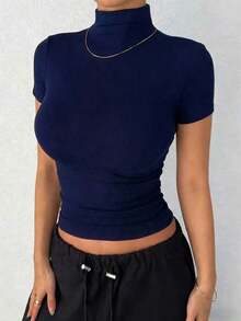 Camiseta negra de manga corta, ajustada, de cuello alto y unicolor, para uso diario y casual en verano - Azul marino 2 - Ver 1