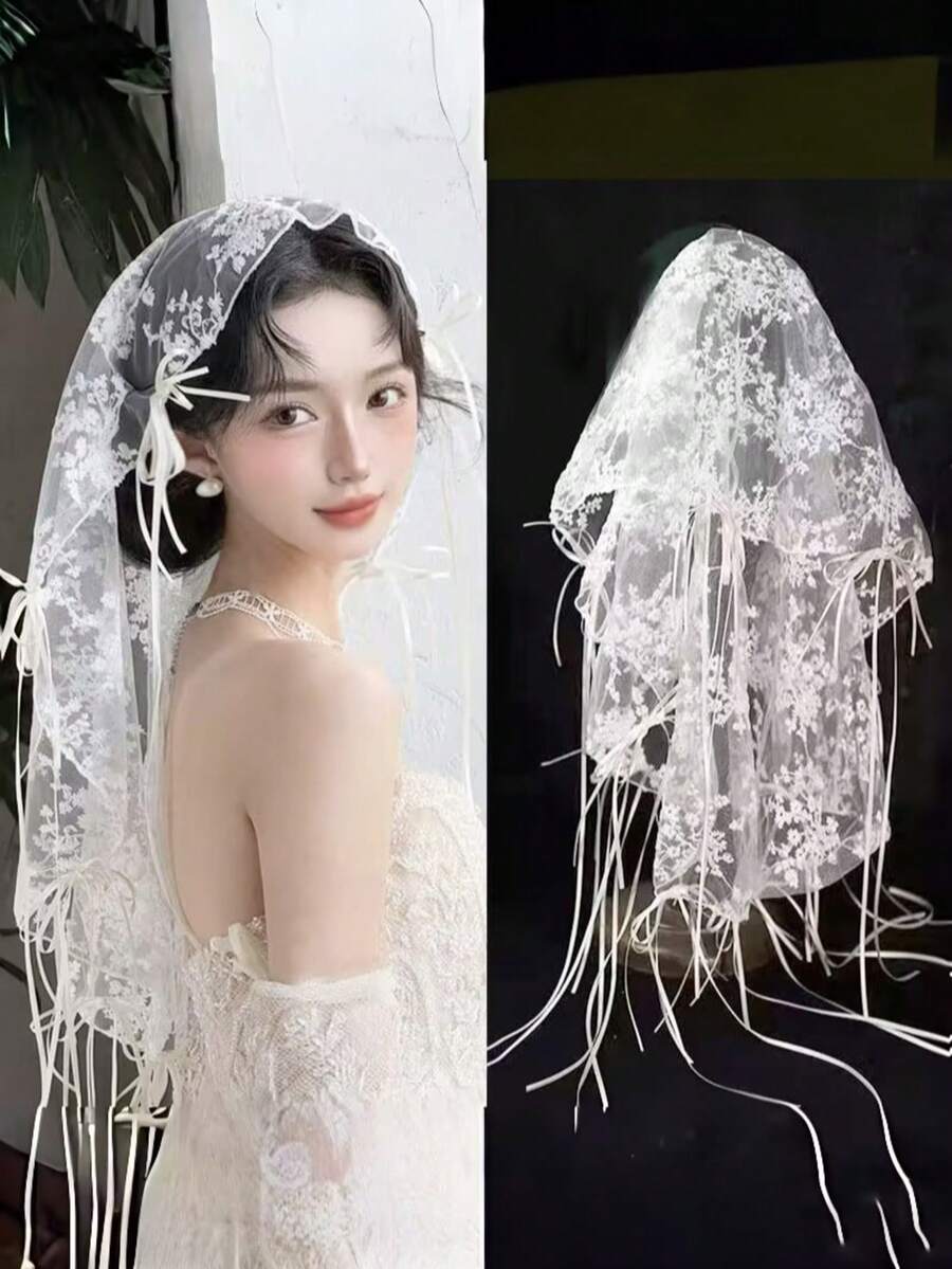 1 Peça Tiara de Noiva Francesa Elegante Bordada Curta, Véu de Noiva Vintage de Renda Completa com Tule Macio Comprimento de Ombro com Decoração de Laço e Fita, Véu de Casamento Elegante, Acessório de Vestido de Noiva
